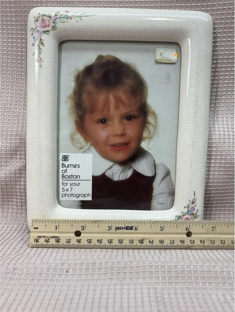 96 Vintage Burnes Of Boston White Crackle Porcelain Picture Photo Frame 5” X 7”